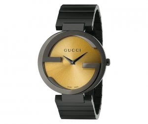 Gucci Men's YA133202 'Grammy XL Interlocking' Yellow Dial Black Leather Strap